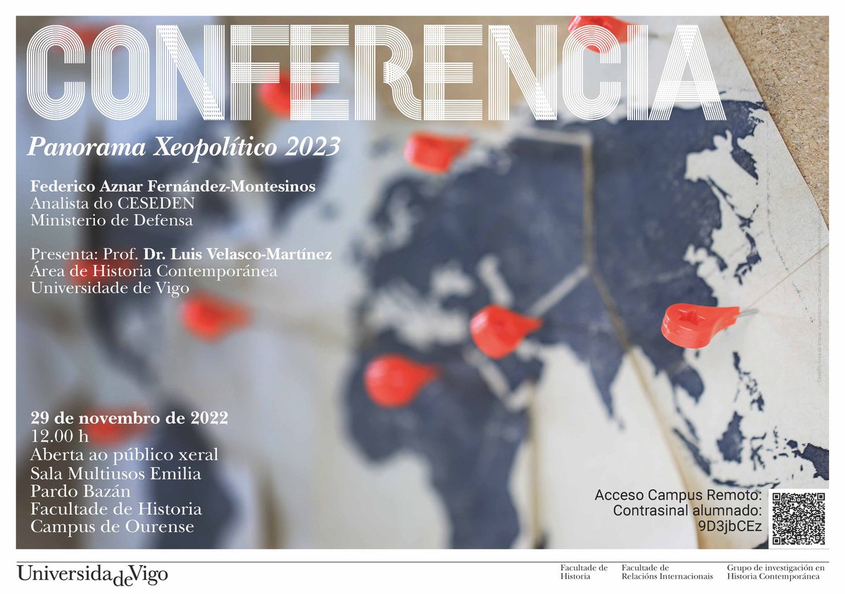 HistoriaOurense's tweet photo. Prof. Dr. @prof_luighi xunto a Federico Aznar Fernández-Montesinos, analista principal do @ieee_es , o próximo martes 29 de noviembre, as 12:00h, realizarán unha conferencia, presencial e online, sobre o «Panorama geopolítico 2023» https://t.co/NHvpw6fV7N