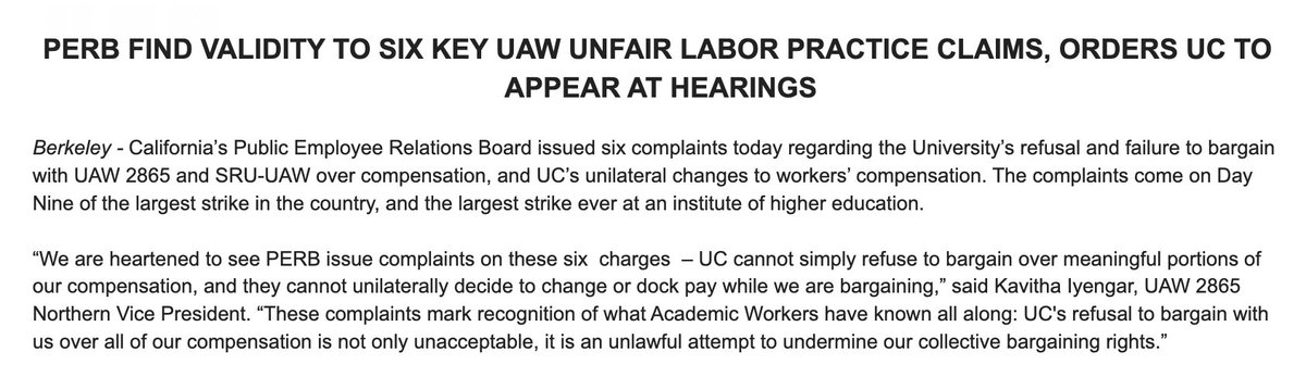 NEW: The state of California found that the University of California broke the law by failing to bargain in good faith with academic workers' union on 6 accounts, including by making unilateral changes to worker pay, according to @uaw2865 Today is day 9 of their strike.