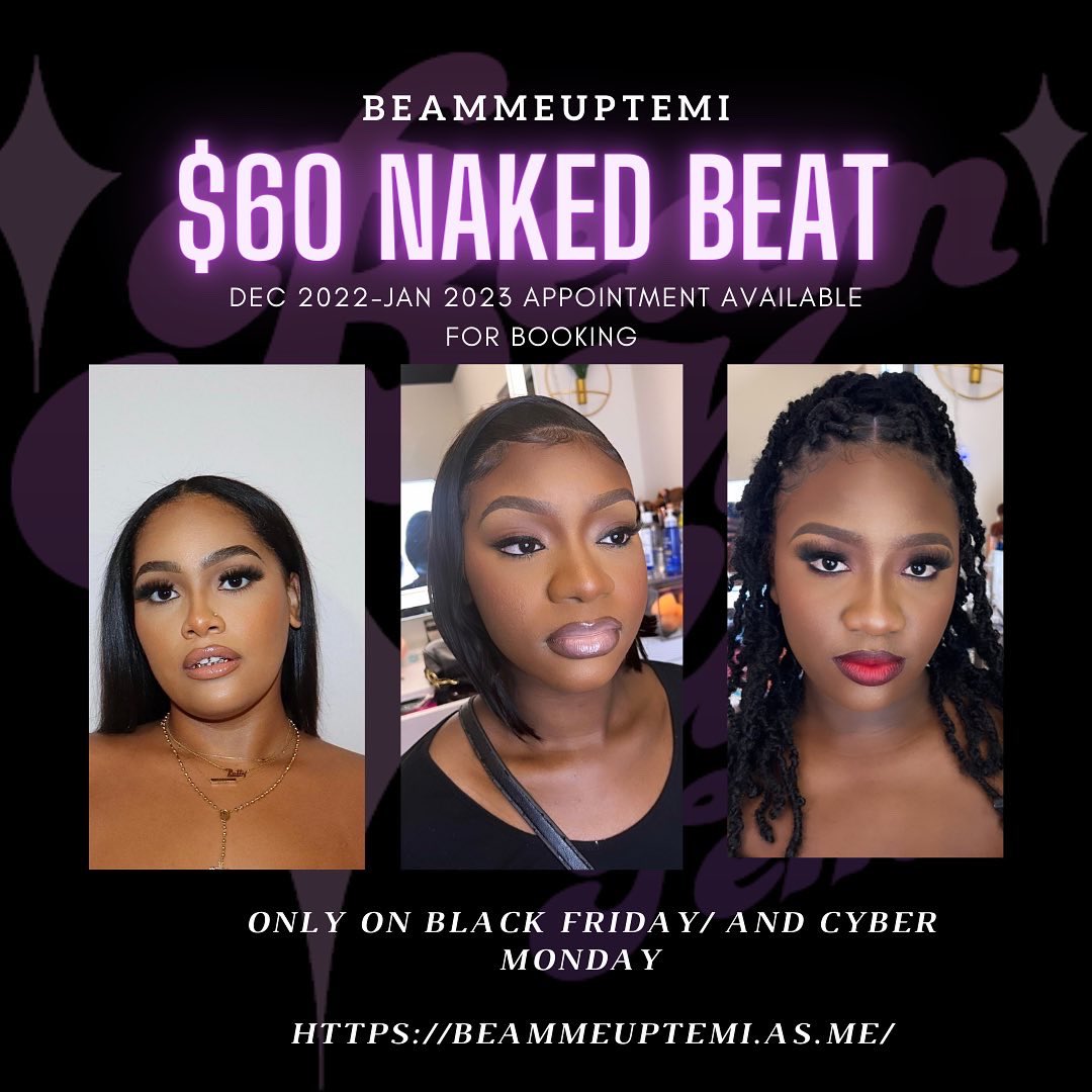 Limited $60 Neutral glam spots in Nov ,Dec and Jan., available for booking on only Black Friday/Cyber Monday: 🔔⏰🗓️ set your reminders. In studio appointments only, all Weekends, limited weekdays 
You don’t wanna miss a good deal 👩🏾‍🎨🧚🏾‍♂️ 
Beammeuptemi 💕
#browardmua #miamimua