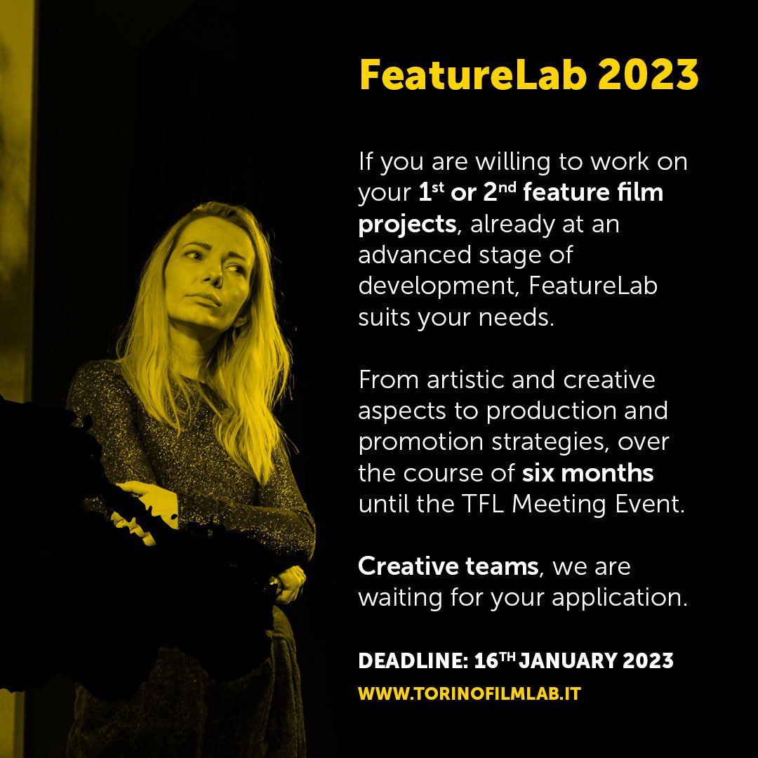 IEFTA_Org's tweet photo. .@TorinoFilmLab #FeatureLab is accepting applications for 2023. This TFL programme looks for 1st & 2nd film projects at an advanced stage of development presented by creative teams composed of a director + producer & eventually scriptwriter. ➡️ https://t.co/m3GUTqesfn
#filmmaking https://t.co/bYXWeSfxPC