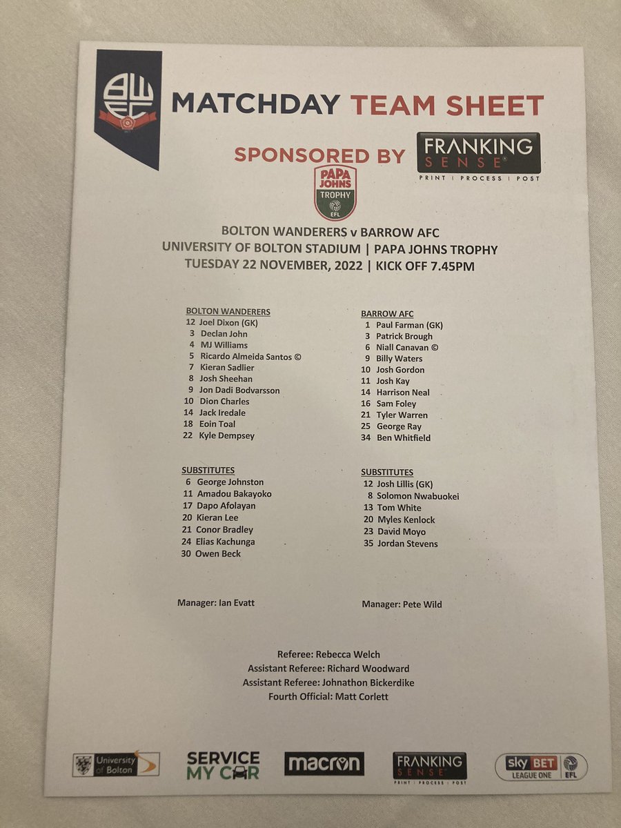 MrChrisFoy's tweet photo. Some domestic action for me tonight. Itβs the #PappaJohnsTrophy at @UoBStadium watching @OfficialBWFC vs @BarrowAFC @EFL #EFL #football https://t.co/u36MKqewgh