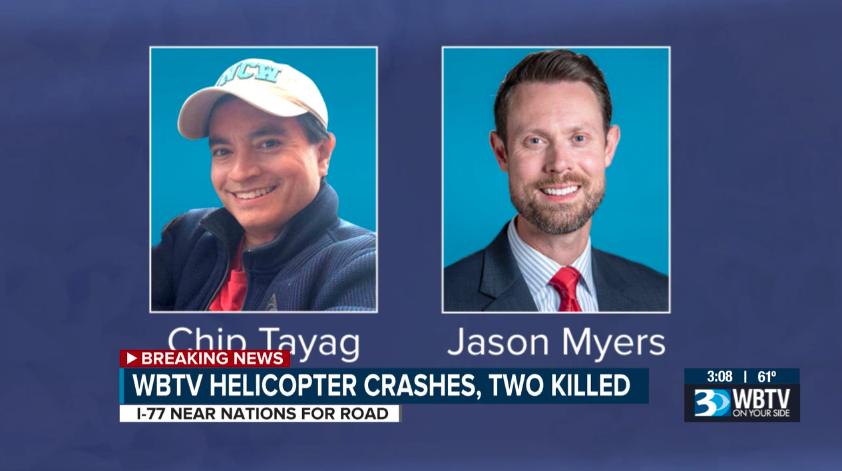 JMKTVShow's tweet photo. WBTV confirms meteorologist Jason Myers &amp; pilot Chip Tayag lost their lives during today's crash at I-77 in Charlotte, NC. 1 of the anchors says they just saw Chip this AM on the way to pick up Jason. Anchors in tears as they finally break the news. Condolences to @WBTV_News https://t.co/QEnHtSomWC