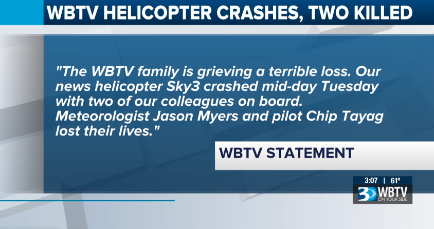 JMKTVShow's tweet photo. WBTV confirms meteorologist Jason Myers &amp; pilot Chip Tayag lost their lives during today's crash at I-77 in Charlotte, NC. 1 of the anchors says they just saw Chip this AM on the way to pick up Jason. Anchors in tears as they finally break the news. Condolences to @WBTV_News https://t.co/QEnHtSomWC