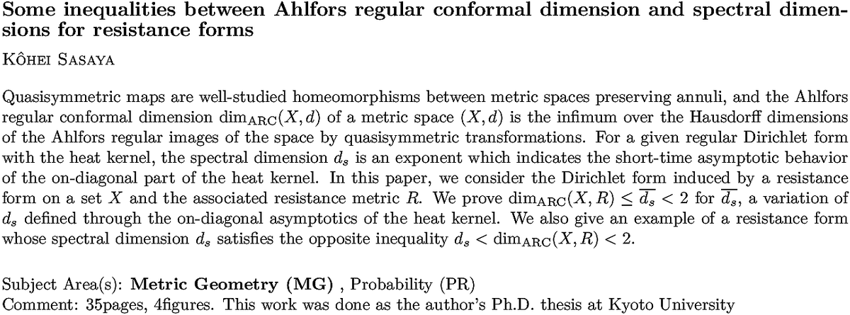 arxiv.org/abs/2211.11473…
K Sasaya
Some inequalities between Ahlfors regular conformal dimension and
  spectral dimensions for resistance forms