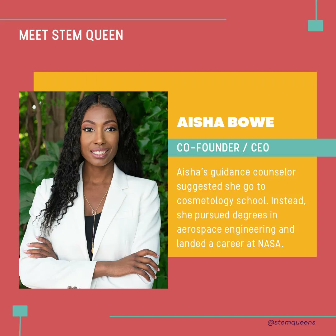 RealSTEMQueens's tweet photo. Today we're highlighting #STEMqueen Aisha Bowe. Flowers to Aisha for carving her own path. 🌸
#STEMQueens #BlackWomenInSTEM #BlackGirlMagic #BlackWomenInSTEM #BlackandSTEM #BlackInSTEM https://t.co/034OkooQDh