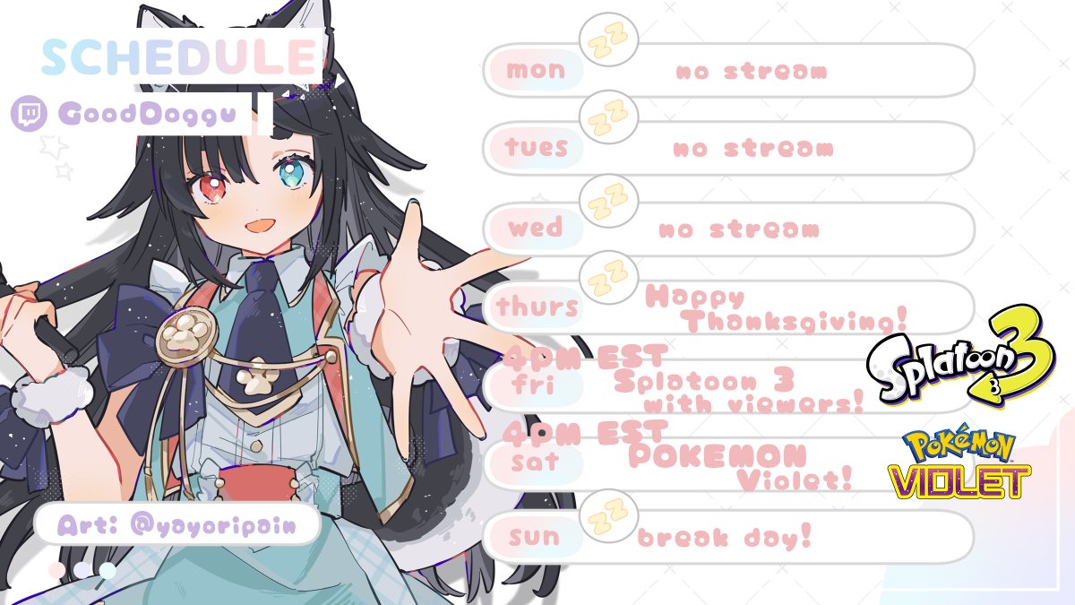 DogguVT's tweet photo. 【 Schedule! 】Week of November 21st -27th
Recovered! Taking it somewhat slow this week so I don't rush in too fast! I'm so excited to play the new Pokemon game this Saturday! Hope you can all come! #TopDoggu
🎨 @/yayoripain
🡻Look in replies for more! 🡻 https://t.co/62mCsrl9Cl