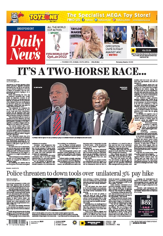DailyNewsSA's tweet photo. Our front page on November 23, 2022 #ANC #ANCNEC #ZweliMkhize #CyrilRamaphosa #POPCRU #ServiceDelivery #eThekwiniMunicipality #FIFAWorldCup https://t.co/DYZHyfaK3n