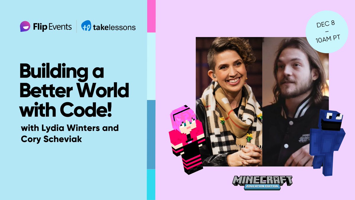 FlipgridEvents's tweet image. Join us to hear @LydiaWinters and @Cojomax99 from the @Minecraft team talk about the power of play to build a better world. @playcraftlearn
🔗 Register: aka.ms/MinecraftEvent
