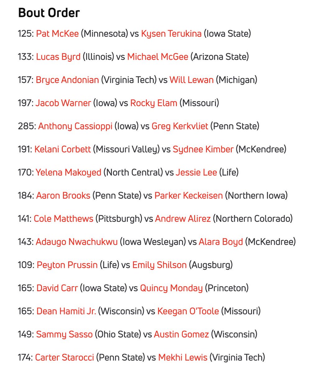 Updated bout order for tonight's NWCA All-Star Classic