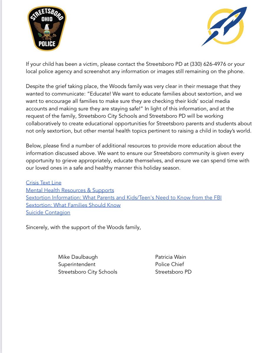 After communicating with the Woods family and Streetsboro PD, we felt it important to put out the following to inform and educate our community. 

I encourage EVERYONE to please educate yourself on the issues at hand in this letter. We are shocked, heartbroken, and in disbelief.