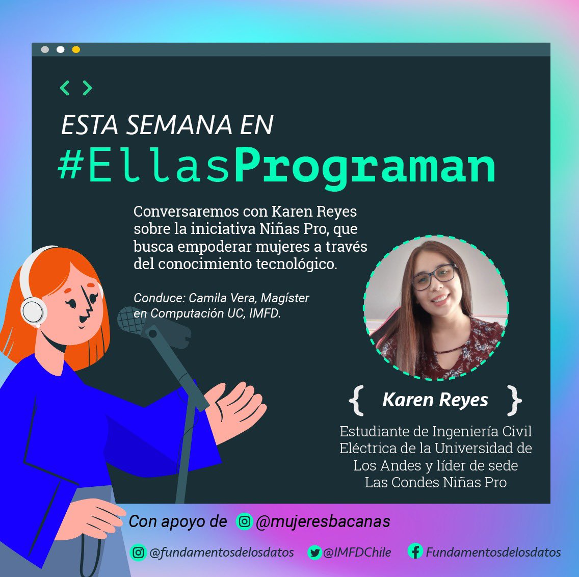🟣¡Ya está arriba el primer episodio del Podcast Ellas Programan, de #IMFD! En esta oportunidad conversamos con Karen Reyes,  estudiante de Ingeniería Eléctrica de UAndes y líder de <a href="/ninas_pro/">Difusión</a>. 

¡Ya puedes escucharlo en Spotify! 👉 bit.ly/EllasPrograman1