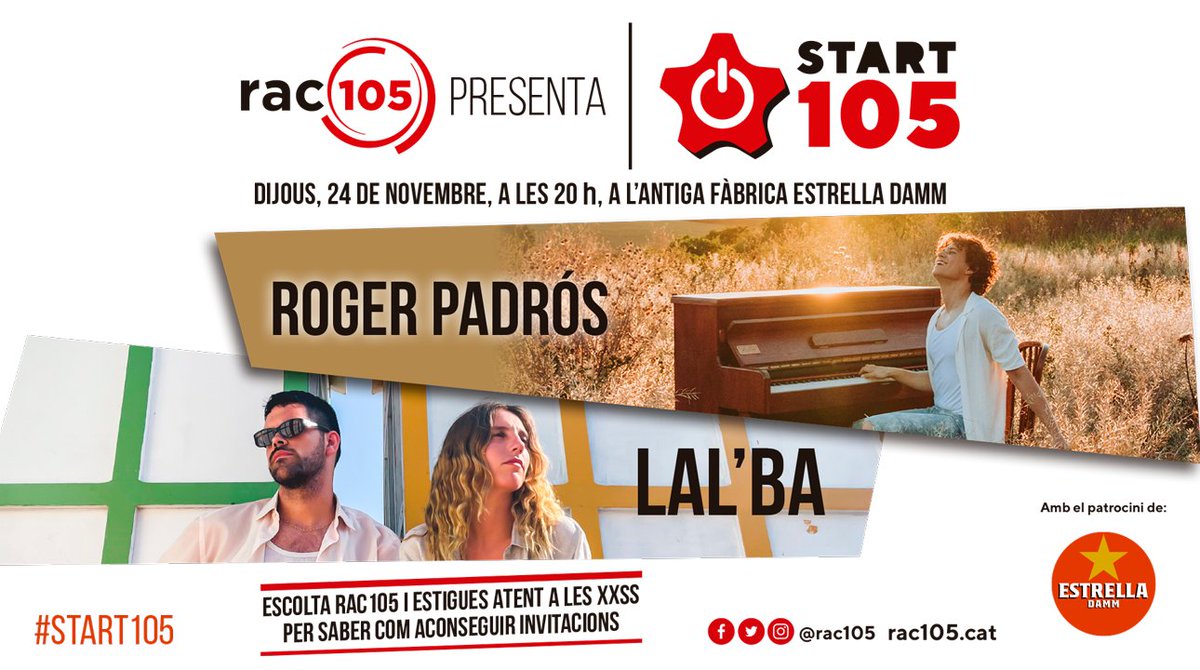 matinacodina's tweet photo. 🎤 Si voleu sentir al Roger i a @lalbamusic en directe, podeu fer-ho aquest dijous 24 a l'#START105 de @rac105 a l'Antiga Fàbrica Estrella Damm! ‼️Queden poques entrades!
🔗🤩Link per aconseguir invitacions: https://t.co/9EMlkvHPFH
#MatinaCodina https://t.co/pGxna0tGJm