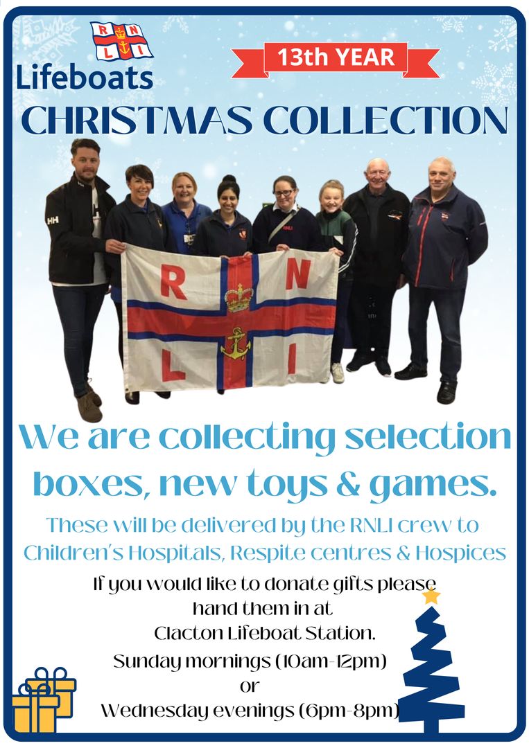 ClactonRNLI's tweet photo. Just a reminder we are still collecting for the RNLI Clacton Christmas appeal, where your donations of new toys, games and chocolate boxes are gifted to children in hospitals and hospices in our region over Christmas!|

Can you donate to give a child a smile?

Details below! https://t.co/KJ4W0cRi54