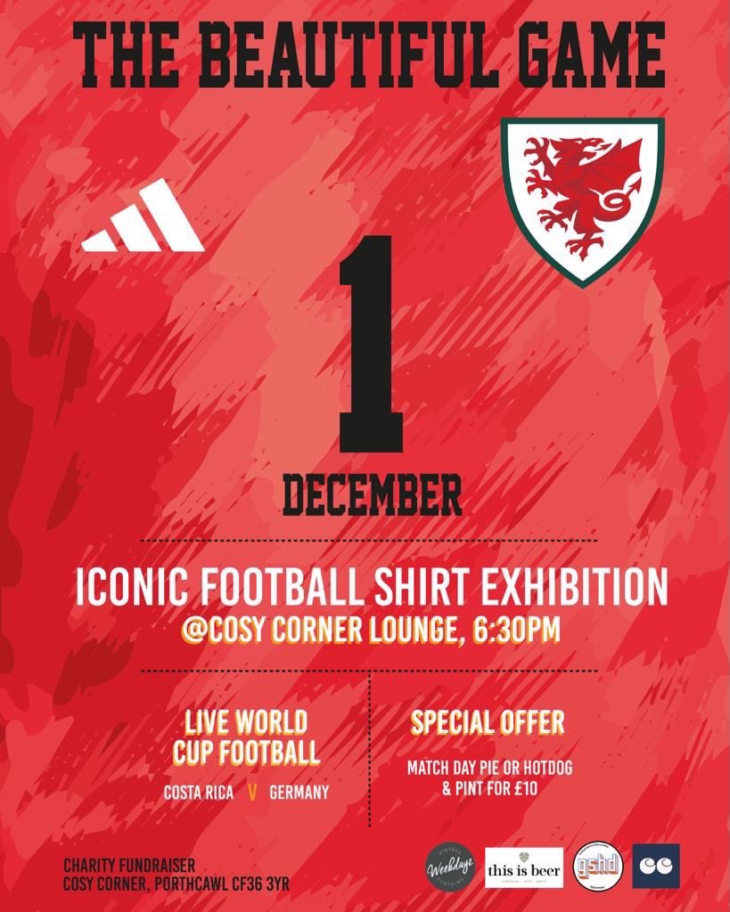 PorthcawlTownFC's tweet photo. 🏴󠁧󠁢󠁷󠁬󠁳󠁿FOOTBALL SHIRT EXHIBITION🏴󠁧󠁢󠁷󠁬󠁳󠁿

- 50 iconic shirts on show 
- Live World Cup football 
- Food/drinks offers 
- Raffle &amp; Auction 
- Supporting a great cause 👏🏼

All proceeds from the raffle &amp; auction go to raising money for beach wheelchairs in Porthcawl! 

https://t.co/D8VFuFCuAZ https://t.co/Q5U0UistXX