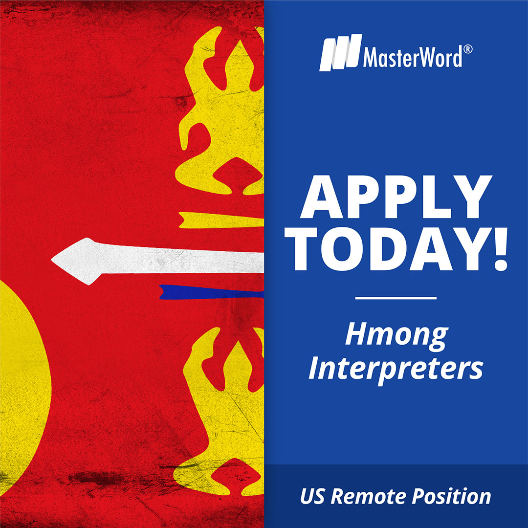 masterword's tweet photo. We’re also looking for Hmong, Karen and Cantonese interpreters. Apply here: https://t.co/bN3X2SSnbS

[ID] Flags of the Hmong people and various countries. Text, Apply Today!

#JoinMasterWord #OpportunityTuesday #Hmong #KarenLanguage #Cantonese #IndigenousLanguages #Interpreters https://t.co/9AbqQkGD3Y