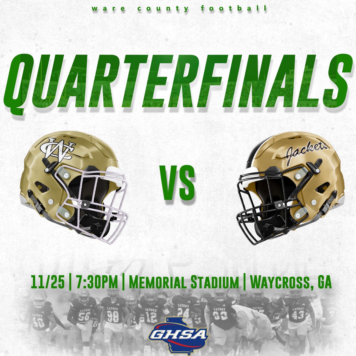WareCoGators's tweet photo. Ware County takes on the Calhoun Yellow Jackets at home in the AAAAA Quarterfinals! Let's pack the Swamp on Friday!!

#BeatCalhoun https://t.co/rJaBWQlT9A