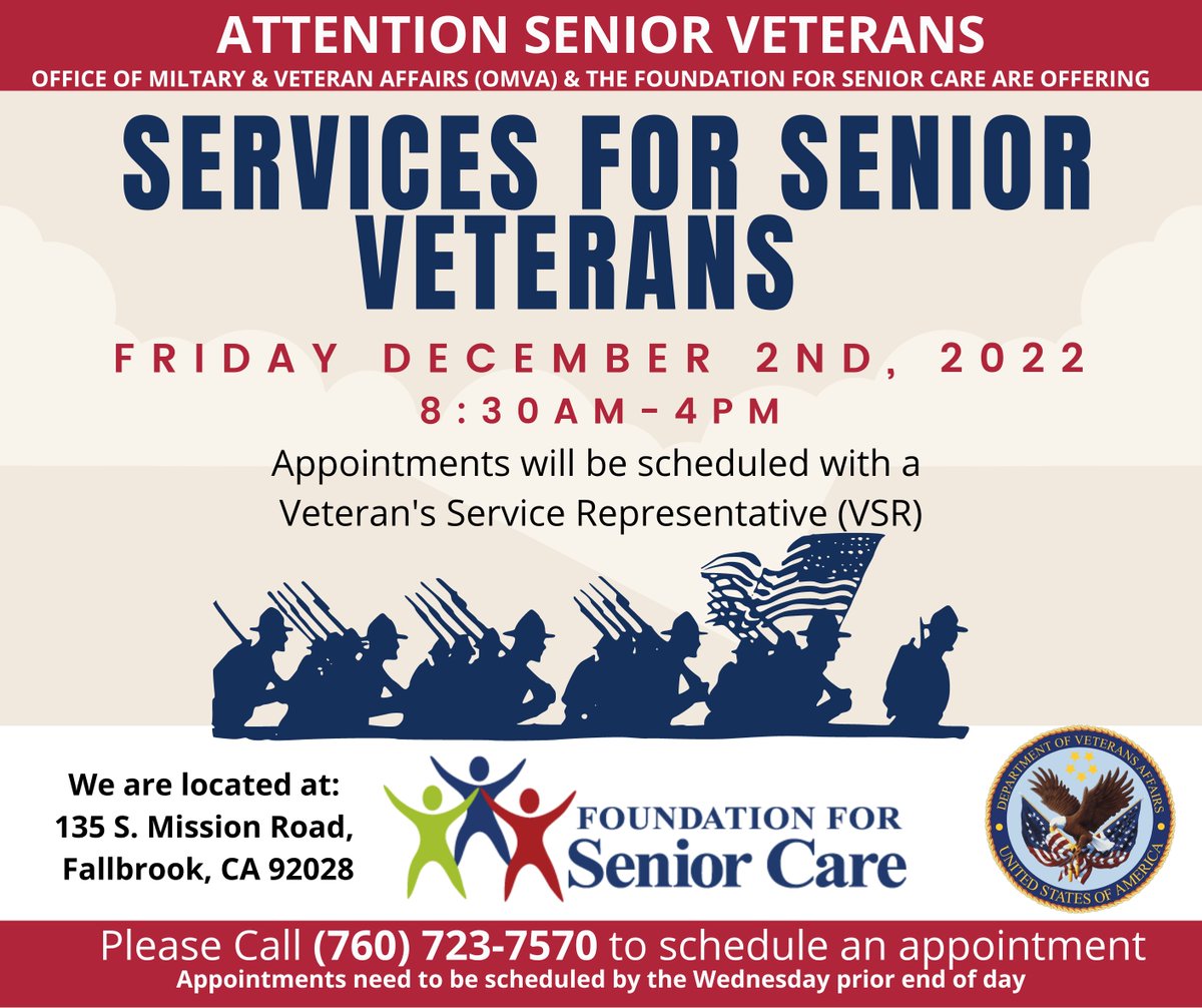 FallbrookSenior's tweet image. Senior Veterans!

 We will are currently taking appointments to meet with a Veteran's Service Representative (VSR) on Friday, December 2nd.

If you are interested or would like to schedule an appointment, please call The Foundation for Senior Care
(760) 723-7570