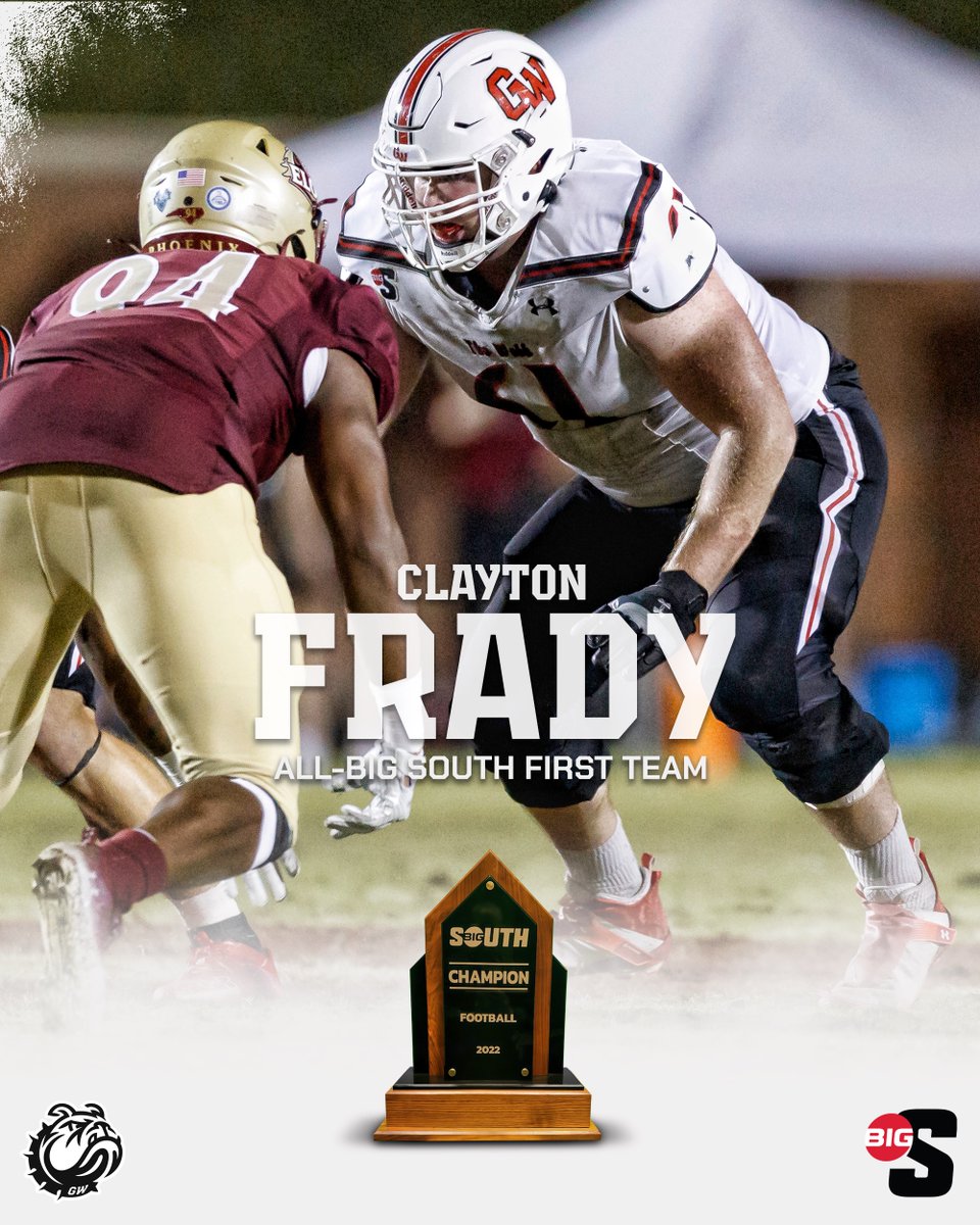 GWUFootball's tweet photo. Congratulations to offensive lineman Clayton Frady on 1st team @BigSouthSports All-Conference honors in 2022! #BornToRun #FiveTalentMentality https://t.co/hXhC07m1lQ