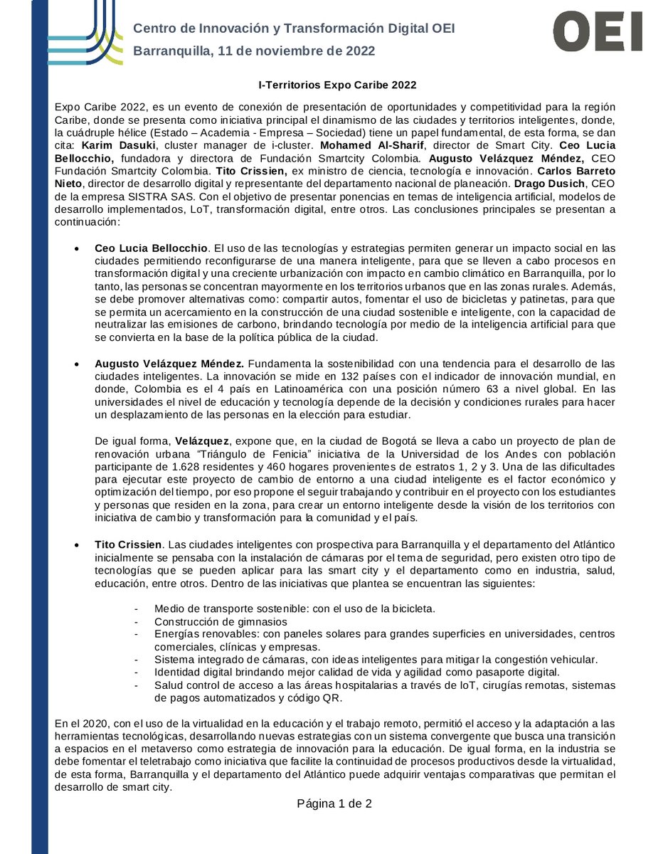 LuisCamiloCL's tweet photo. El 11 de nov/2022 @ColombiaOEI  asistio a I-Territorios Expo Caribe cuyos temas de innovación enfocados en la región caribe de manera inteligente busca fortalecer la economía circular en la region.
#CITDConecta #CentroInnovaciónOEI  #transformaciondigital #Smartcities #smartcity https://t.co/ItG43p3CBM