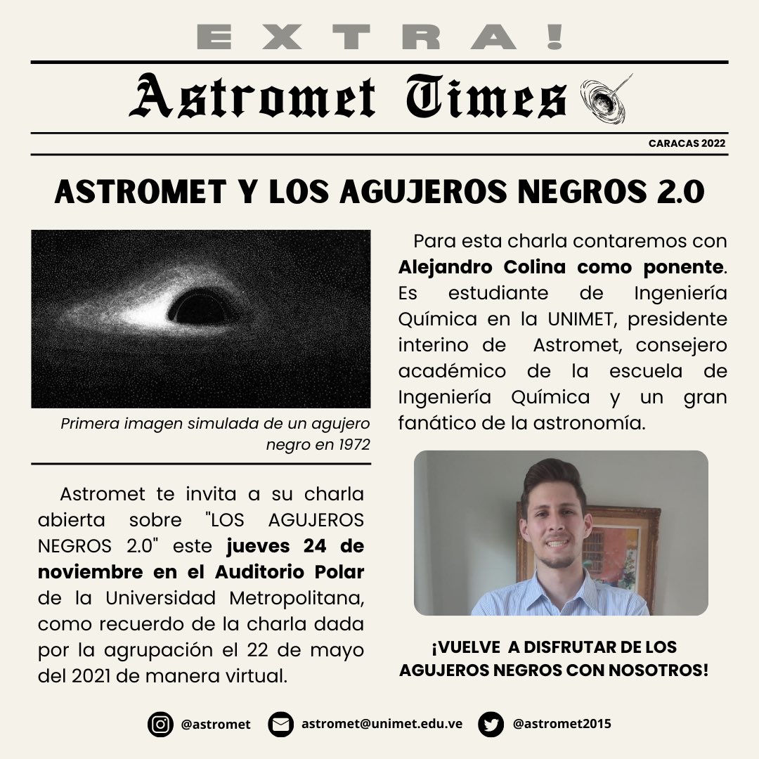 astromet2015's tweet photo. Llegó El Agujero Negro 2.0 🤩

La cita es este jueves 24 de noviembre a las 12:00pm en el Auditorio Polar de la Universidad Metropolitana 🧑🏻‍🚀

Es entrada libre, pero igual se transmitirá a trav��s de un Live por el perfil de Astromet.

Inscríbete: https://t.co/vxFOJvWBrS https://t.co/aNv7a9dJ4j