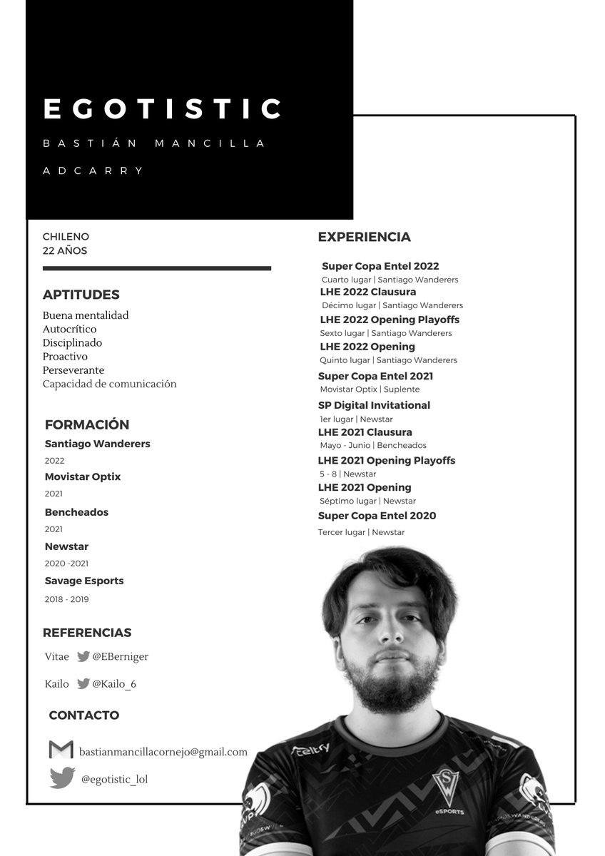 Buenas, luego de la Supercopa con <a href="/SWeSportsLA/">Santiago Wanderers eSPORTS</a>, quiero anunciar que me encuentro FA para las siguientes competencias en el rol de ADC, cualquier duda al MD o al correo del cv.
Se agradece todo tipo de difusión, muchas gracias 😍😍