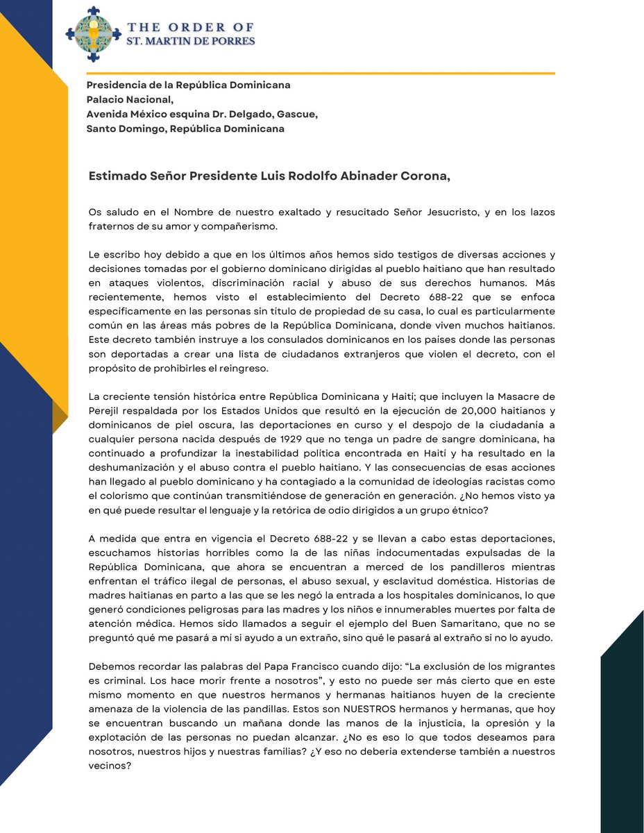 FrJacobUrena's tweet photo. Ante el empeoramiento de las relaciones entre República Dominicana y Haití tras la promulgación del Decreto 688-22, hago un llamado al gobierno dominicano y a mis hermanos y hermanas dominicanos a no ser víctimas ni perpetuar la intolerancia, la indiferencia o el odio. https://t.co/P3icTcGtgY