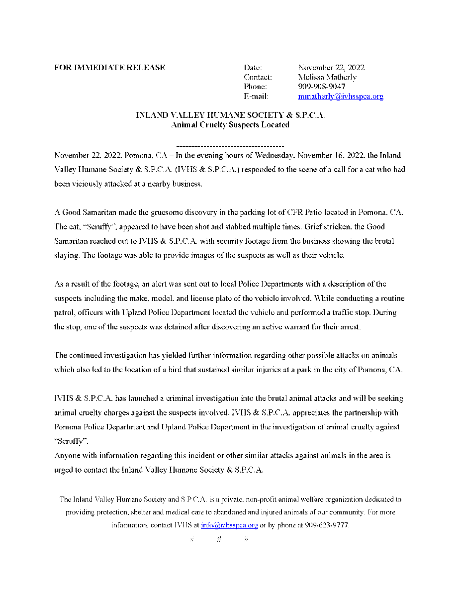 FOR IMMEDIATE RELEASE: Animal Cruelty Suspects Located @CityofPomona @PomonaPD @UplandPD @NBCLA @CBSLA @ABC7 @FOXLA @KTLA