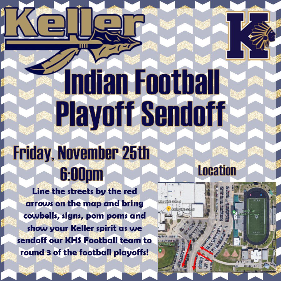 Join us to sendoff our amazing KHS football team this Friday! @kellerindiansfb @KISDAthletics @KHSBooster @KHSIndianNation @MrsSimmonsKHS