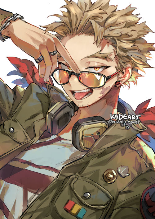 hawks (boku no hero academia) 1boy male focus tongue jewelry headphones blonde hair solo  illustration images