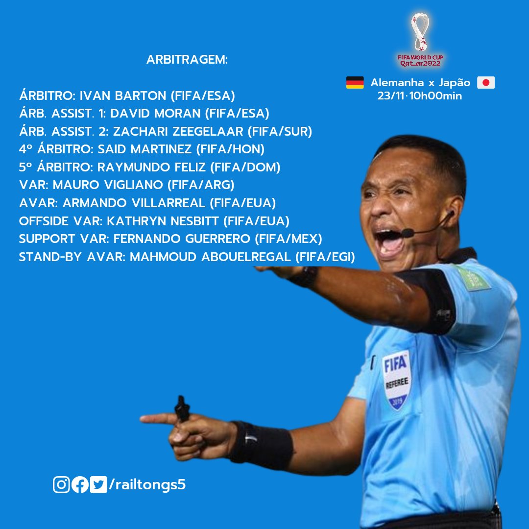 railtongs5's tweet photo. Arbitragem para os jogos desta quarta-feira (23).
Estaremos ligados nesses grandes jogos?
#copadomundo #worldcup #qatar2022 #arbitragem #arbitro #arbitroassistente #var #avar #futebolmundial https://t.co/QIA1t14ylg