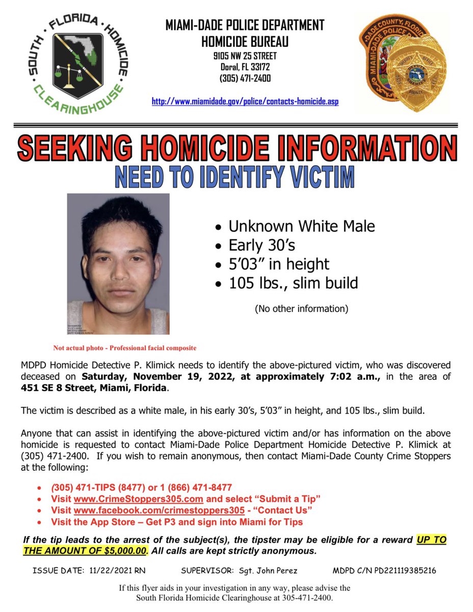 MiamiDade_SO's tweet photo. Our Homicide Detectives need your help in identifying the below-pictured victim, who was discovered deceased on November 19, 2022, in the area of 451 SE 8 Street. Anyone with information is urged to contact @CrimeStopper305 at (305) 471-8477. https://t.co/gEUsuRFs22