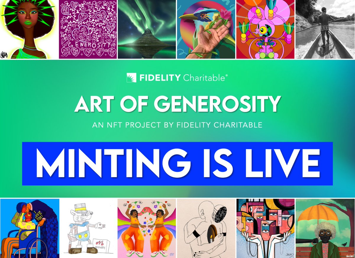 Minting for the #ArtofGenerosity NFT Collection is LIVE! 12 incredible artists, 12 inspiring NFTS, and over $50k in charitable contributions directed by holders of winning "Golden Ticket" NFTs. generositynft.com