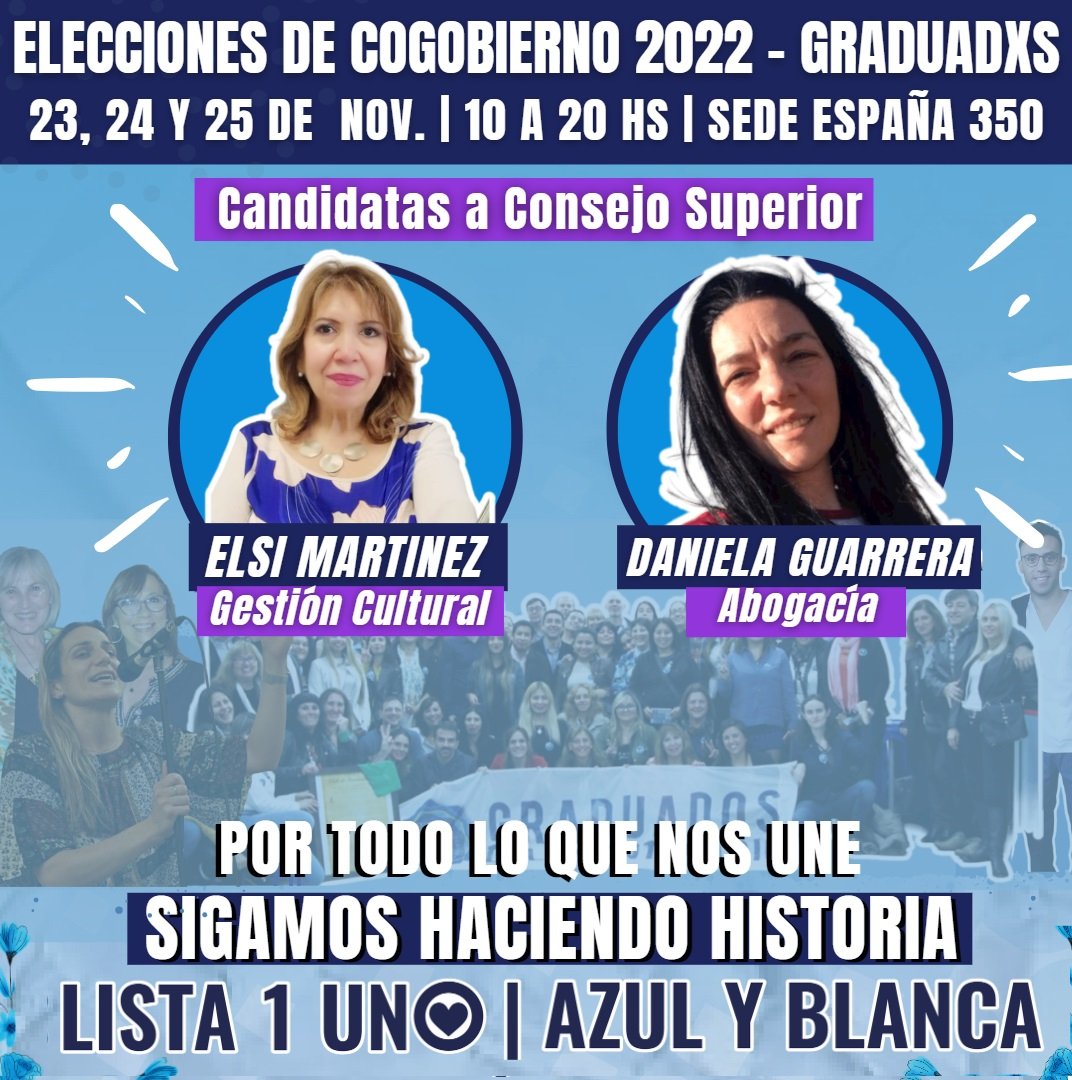 ClubGraduados's tweet photo. 🎓Elecciones de cogobierno en UNDAV - Claustro de Graduadxs 🗳️#UNDAV 2022
 👉¿Cuándo se vota?
Los días 23, 24 y 25 de noviembre, de 10 a 20 hs.
👉 Sede España
#Lista1AzulyBlanca -Por todo lo que nos une, sigamos haciendo historia 🇦🇷
#GraduadxaDelBicentenario
#ConsejoSuperior https://t.co/8u1UjnKPm2