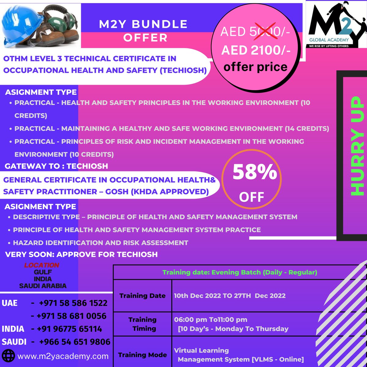 m2yacademy's tweet image. M2Y Bundle offer 2 !!!

Book Your Seat for Occupational Health &amp;amp; Safety @ NEVER EVER PRICE

Visit-  m2yacademy.com

#m2yglobal #offers  #othmlevel #neboshtraining #NEBOSHIGC #courseoffer #NEBOSHHSE #NEBOSHPSM #NEBOSH #NEBOSHIDip #saudijobs #safetyfirst