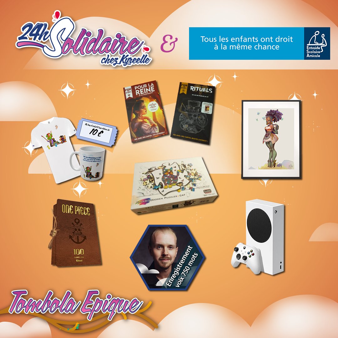 #24hSolidaire pour <a href="/AssociationESA/">Entraide Scolaire Amicale</a> c'est pas fini ! 
La Tombola Epique est ouverte ici : bit.ly/Tombola24h2022 jusqu'au 25/11. 
Il y a des lots plutôt cools 😏 (Xbox, Créa, Jeux, Voix, Manga, Goodies...). 

Et toujours bit.ly/Don24hSolidair… pour faire un don déductible (66%).
