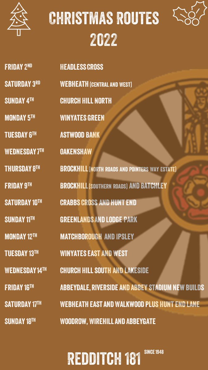 redditchtable's tweet photo. Here is the list of all routes we intend to complete as the Redditch Round Table charity sleigh makes its way around the town this December. Weeknights start around 5:30, weekends start around 4:30................ https://t.co/nyDBxUqVrg