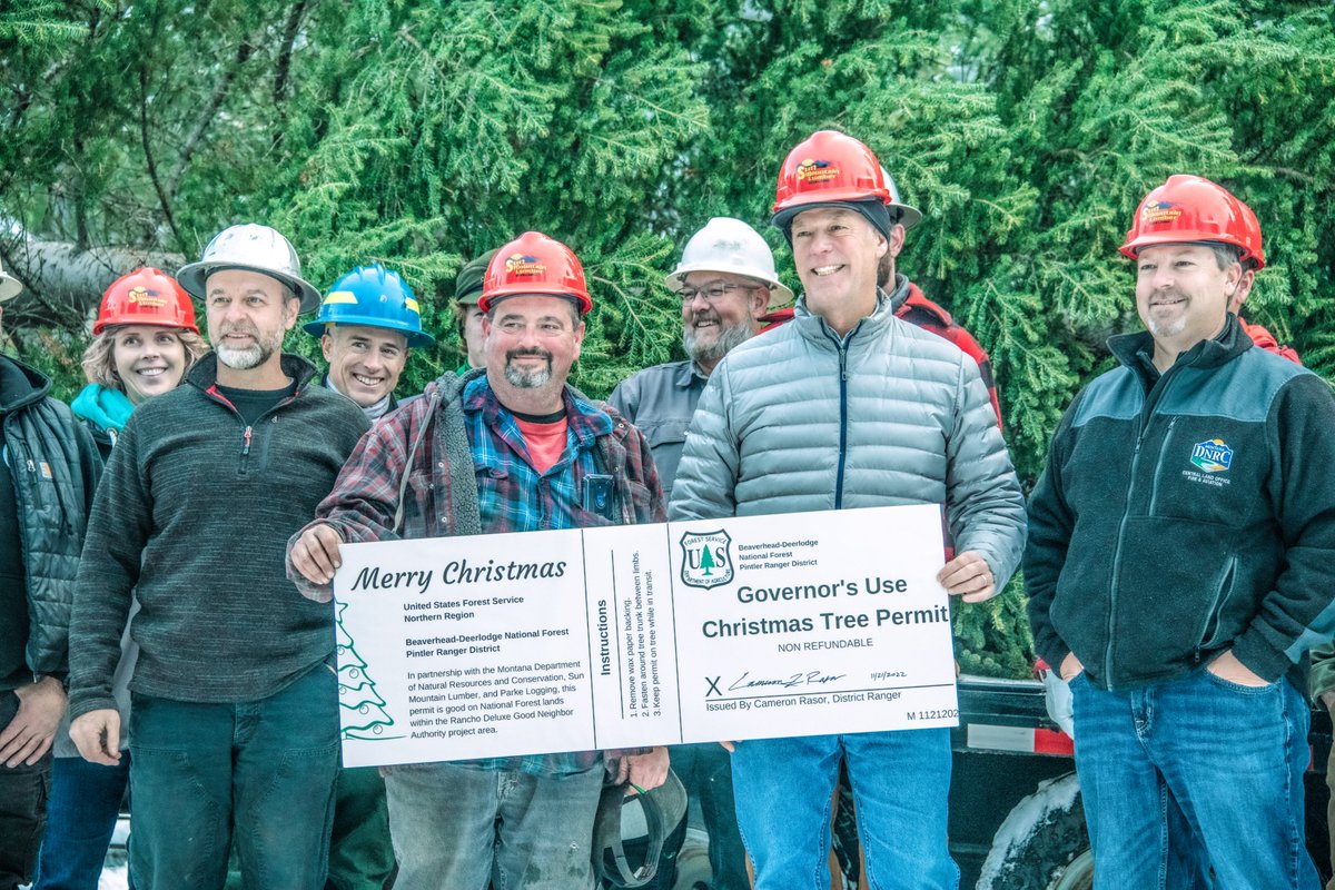 MT Governor Gianforte, the B-D Pintler District Ranger, Montana Department of Natural Resources, Sun Mountain Lumber, and Parke Logging, Inc. were all present to obtain the Christmas Tree for the state capitol this year from a GNA Timber Sale on the B-D.

#Montana #ChristmasTree