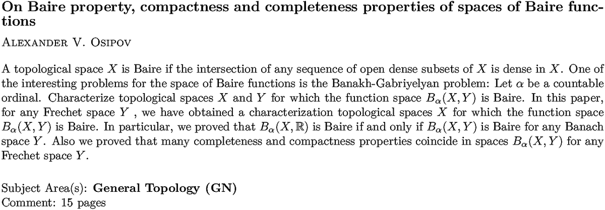 arxiv.org/abs/2211.10765…
A V Osipov
On Baire property, compactness and completeness properties of spaces of
  Baire functions
