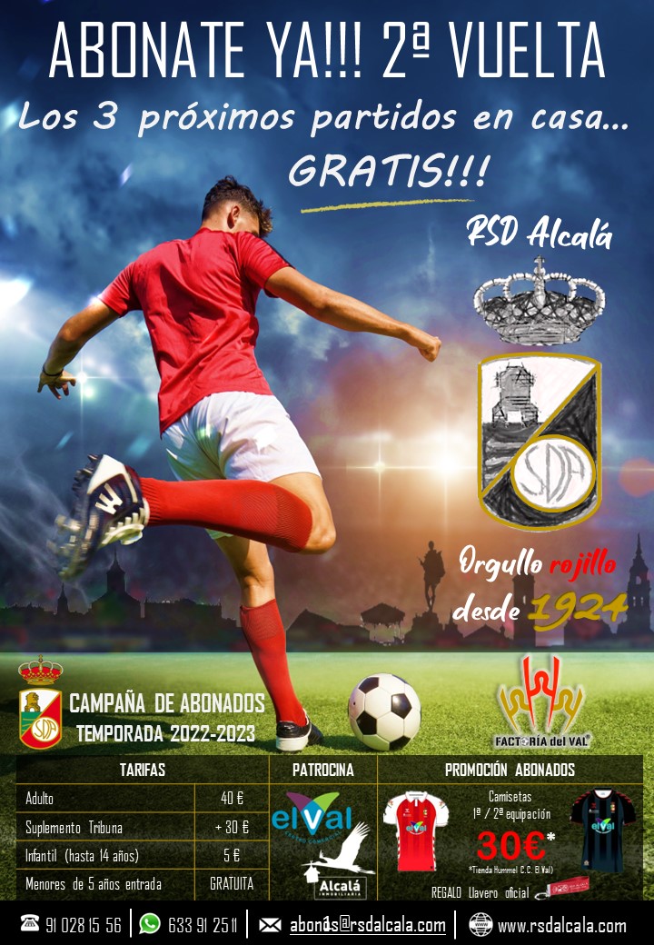 rsda_oficial's tweet photo. ¡Apoya al Alcalá! 🔴🔴

Consigue tu abono con nuestra oferta especial 🎟️🎟️
El nuevo abono costará la mitad y podrás disfrutar de forma gratuita de los tres próximos partidos de tu equipo en casa y de toda la segunda vuelta 🏟️🏟️

https://t.co/qJvJrSnOVQ

#VamosAlcalá https://t.co/u4UhZIYJew