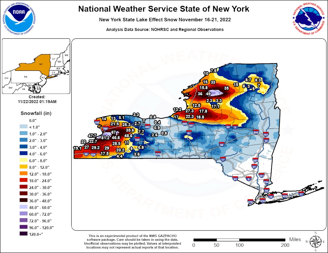 NWSBUFFALO's tweet photo. Here's a preliminary 5-day storm total snowfall map for November 16-21, 2022. Thanks to NWS Albany for developing the map, and to the spotters and observers who took snowfall measurements during this historic lake effect event. https://t.co/0m8twvnn2L