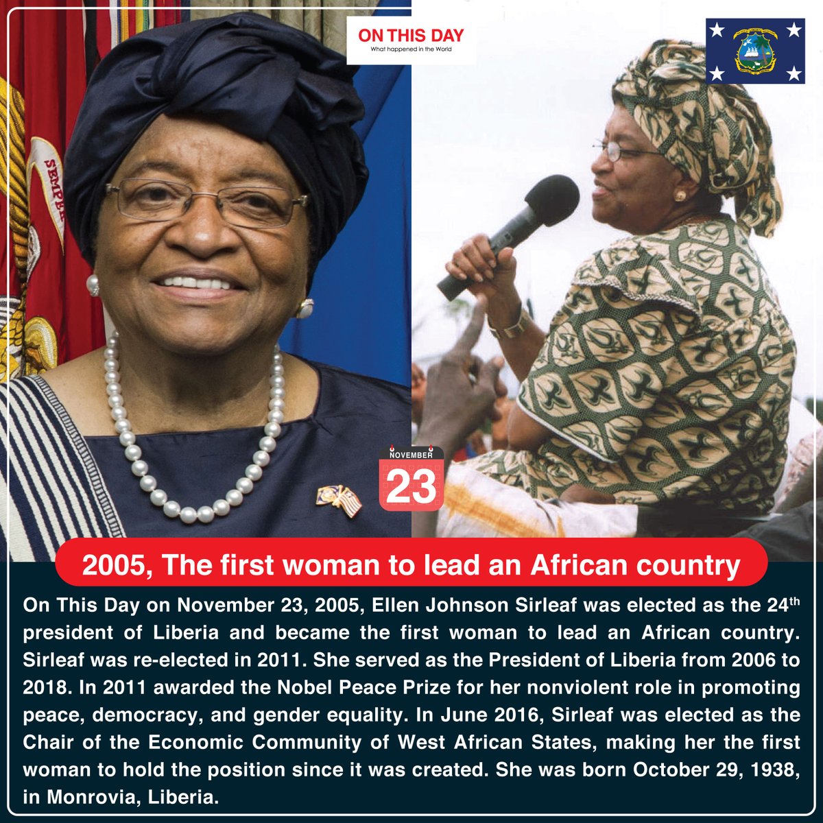 OnThisDayInWor1's tweet photo. #OnThisDay 2005, The first woman to lead an African country 

#november #november23 #doyouknow #historytoday #in2005 #17yeasrago #firstwomantopresidentafricancountry #EllenJohnsonSirleaf #24thpresidenfofliberia #presidenfofliberia #presidentEllenJohnsonSirleaf  #sirleaf #Liberia https://t.co/gaoAwo5RzA