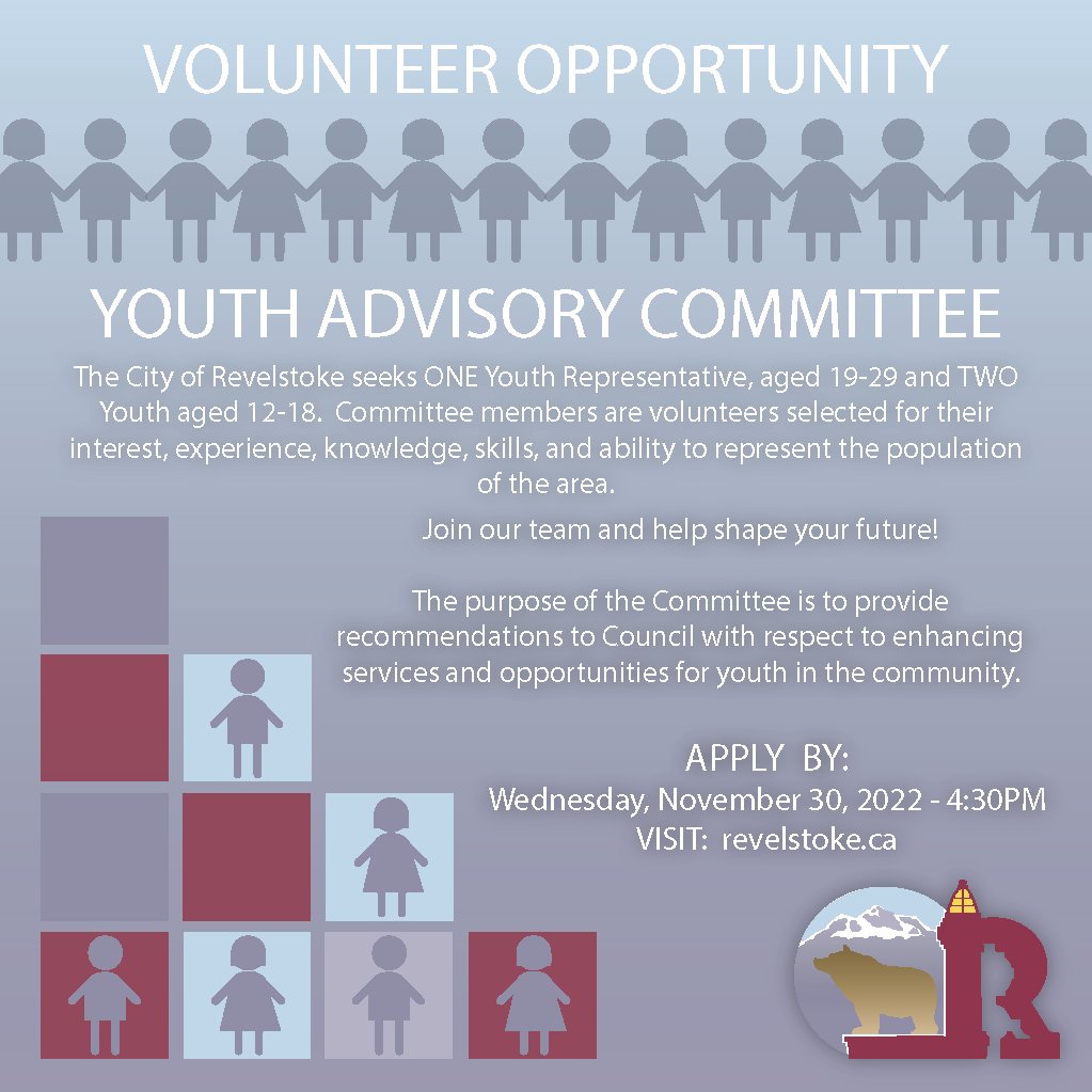 Are you 19-29 or 12-18 years old? Do you want to provide input to Council on enhancing services &amp; opportunities for youth? 

If so, complete an online application to join the Youth Advisory Committee, found here: revelstoke.civicweb.net/Portal/Citizen…

#cityofrevelstoke #youth #committeemembers
