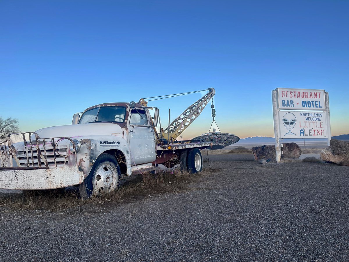 EncountersAlone's tweet photo. On location in Rachel, Nevada, for Encounters. With documentary projects, such as these, it’s important (and fun!) to immerse yourself in the mythologies and to discuss the local legends. Next stop: Area 51 🛸 #ufo  #ufology #ufosky #aliens #extraterrestrial #area51 #encounters https://t.co/UNtfB8xty0