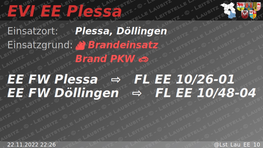 Lst_Lau_EE_10's tweet photo. 🚨 22.11.2022 22:26 🔥 🚗 B:PKW 🌐 Plessa, Döllingen 🚒 ⇨ FW Plessa, FW Döllingen https://t.co/FkFCoQYLrF https://t.co/IUUraoVpSn