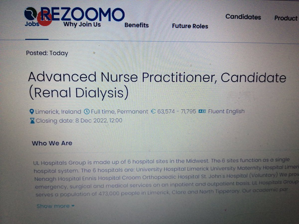 Jennife62768702's tweet photo. Candidate ANP position advertised for the Renal Dialysis Department, University Hospital Limerick. Further details including job description and application form available on REZOOMO. Closing date for completed application is the 8th of December 2022. https://t.co/IQLWkWEWi2