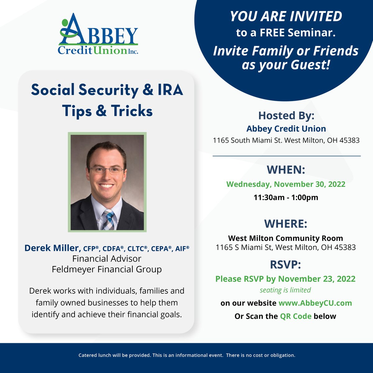 AbbeyCU's tweet photo. Last Day to RSVP!
You are invited to a FREE Seminar.
Invite Family or Friends as your Guest!

Please RSVP on our website https://t.co/7jBU9tKIc9 https://t.co/DbVjKx4PMj