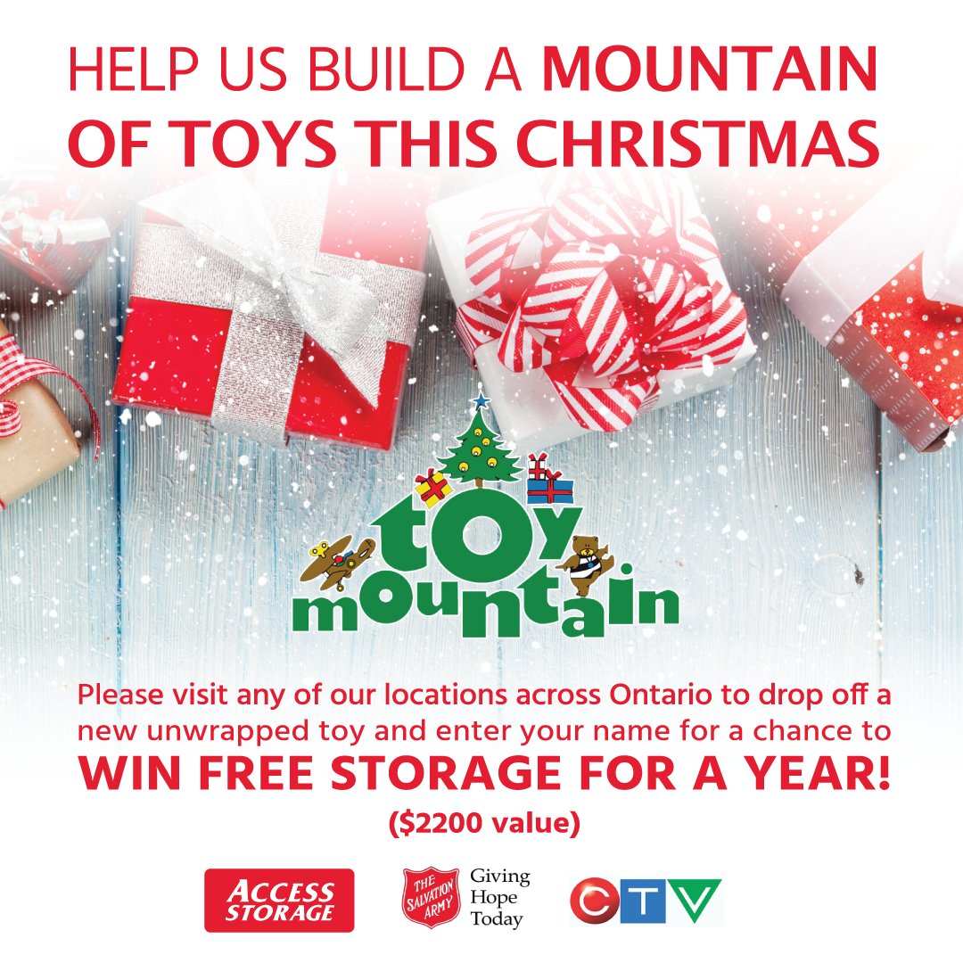 Access Storage is a proud partner of the 2022 <a href="/ToyMountain/">Toy Mountain</a> Campaign in support of <a href="/salvationarmy/">The Salvation Army</a> 

We can’t wait to help build a MOUNTAIN of toys together for families in need!

#TM2022 #MyToyMountain #accessstorage #canadianstorage #storage