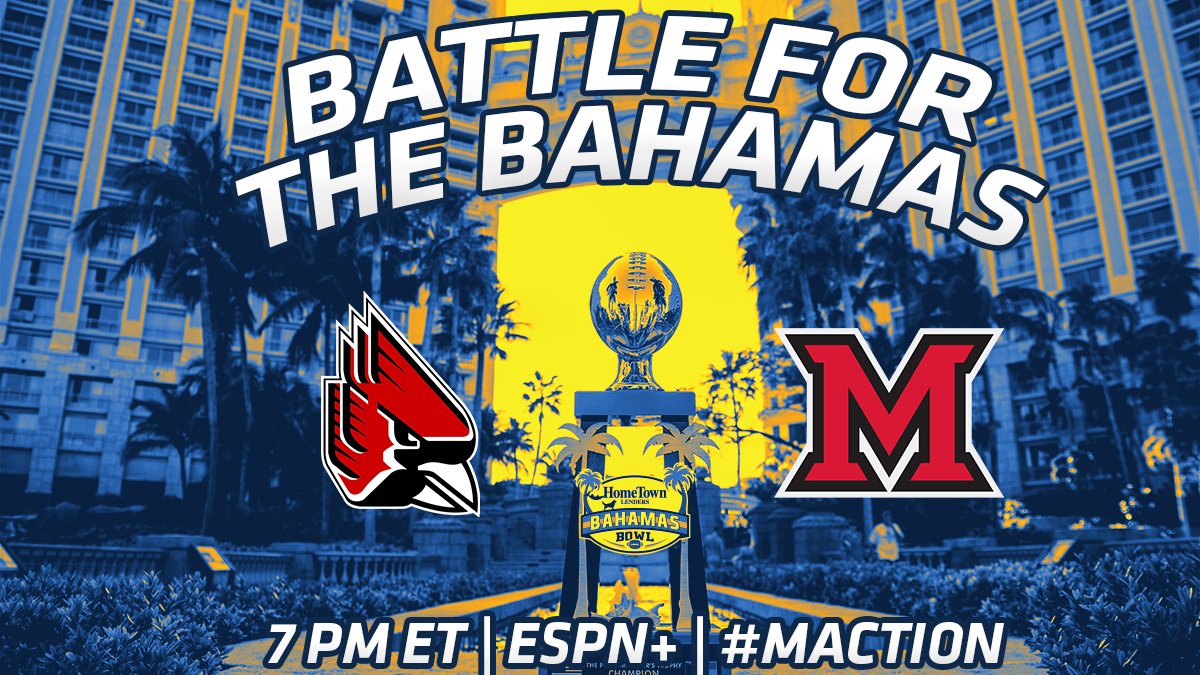 Tune in tonight to watch as @BallStateFB takes on @MiamiOHFootball in the BATTLE FOR THE BAHAMAS!!! The winner will be our 2022 Bahamas Bowl MAC Participant! #MACtion #BowlGamesAreBetterInTheBahamas