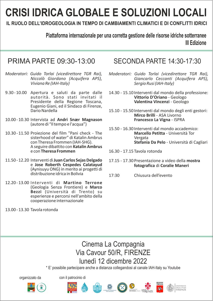 📢Il 12 dicembre 2022 IAH-Italy e Acquifera APS vi invitano all’evento “Crisi idrica globale e soluzioni locali” a Firenze, Cinema La Compagnia, e sul canale YouTube di IAH-Italy.

ℹ️Info e registrazione: iahitaly.it/news/eventi/cr…