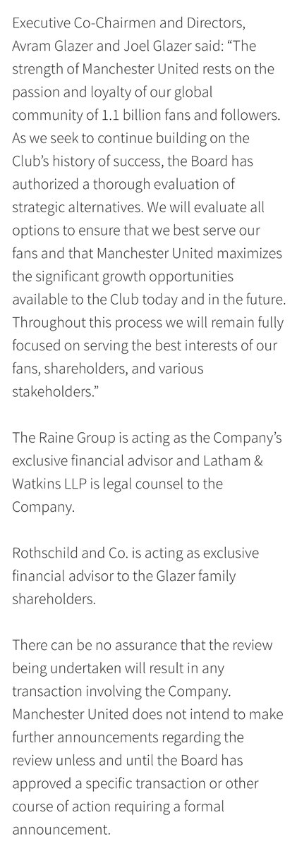 MUFCScoop's tweet photo. Full Manchester United statement on process to explore strategic alternatives to enhance the club’s growth #MUFC https://t.co/j6N6LQsPS0